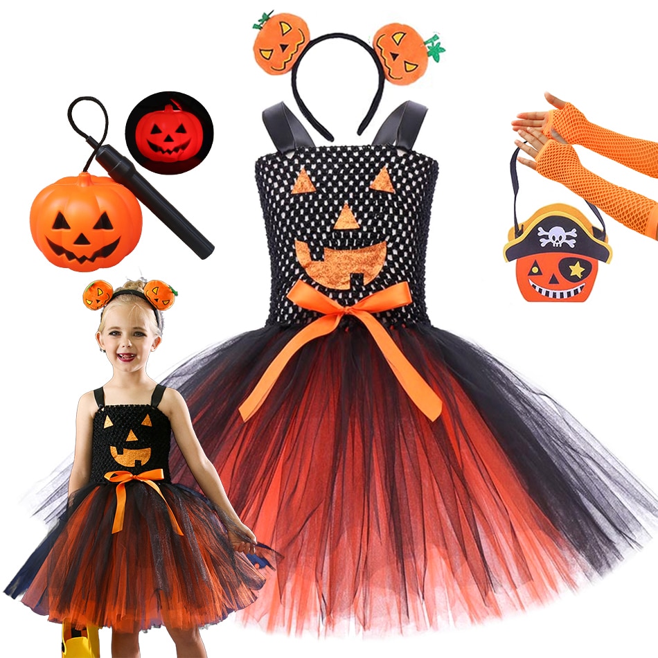 Baby Girl Halloween Outfit Pumpkin Dress Sleeveless Orange Tulle Tutu Skirt Little Kids Cute Party Carnival Cosplay Clothes