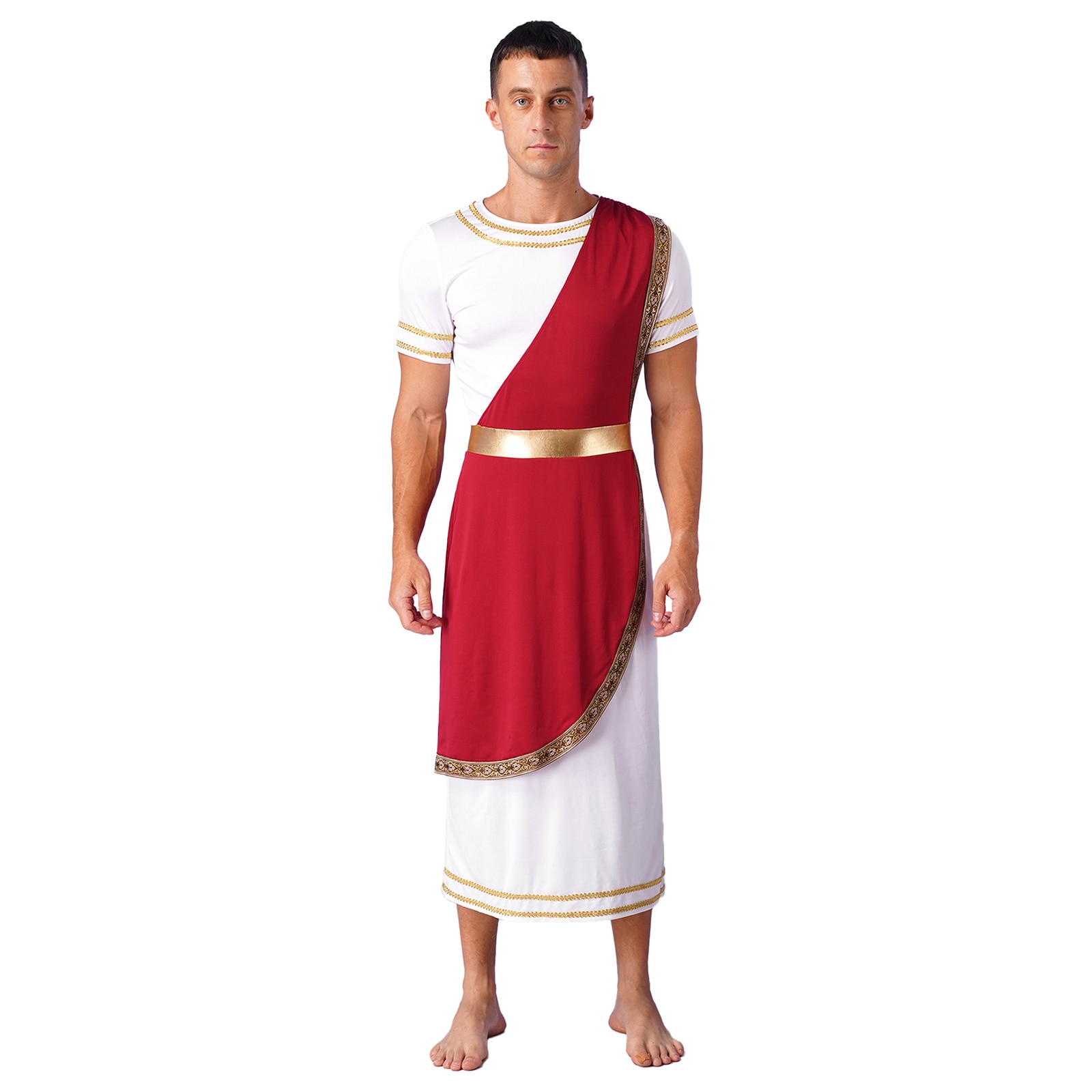 Mens Cosplay Roman Robe Halloween Ancient Greek Toga Dress Up Short Sleeve Party Fancy Dress Costumes Retro Gold Decoration