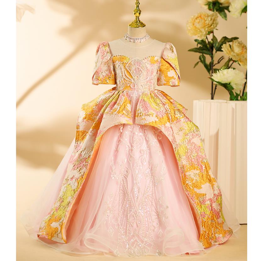 High-End Luxury Children's Prom Evening Gown Pearls Design Kids Catwalk Birthday Party Wedding Girl's Princess Dress A