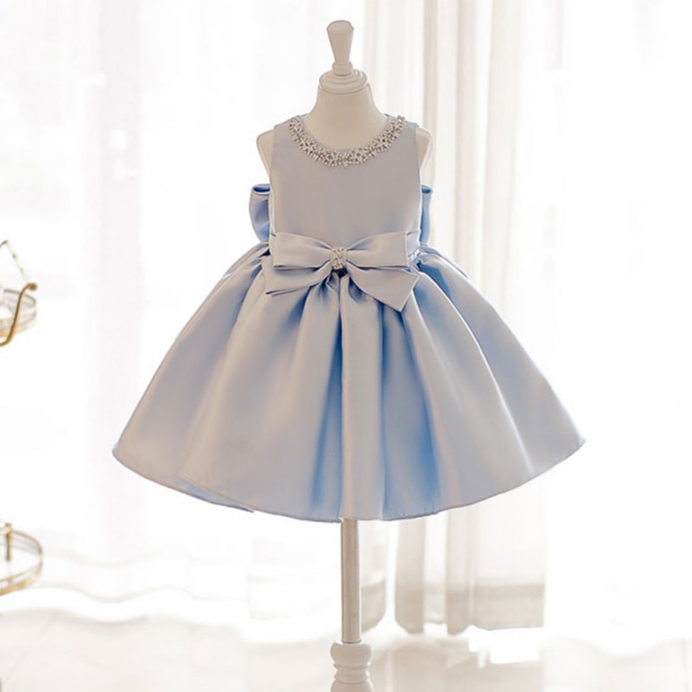 Toddler Bow Bridemaid Baby Girls Dresses Elegant Blue 1st Birthday Baptism Piano Princess Kids Party Dress for Girl Wedding Gown