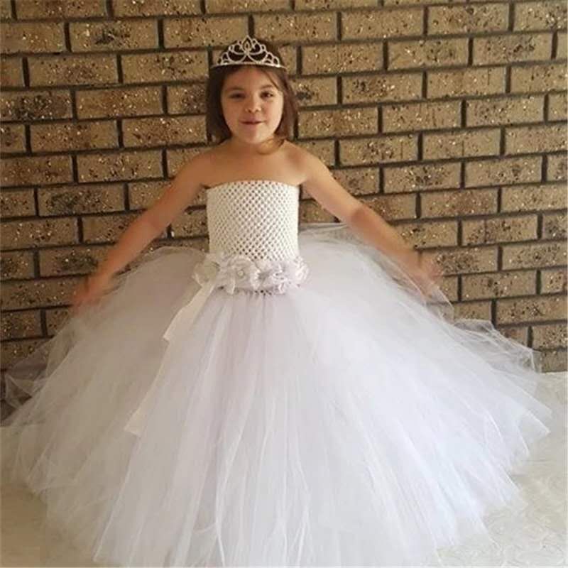 Fashion White Flowers Princess Girls Tutu Dress Formal Long Ball Gown Wedding Dresses For Girls Kids Weddings Party Dress
