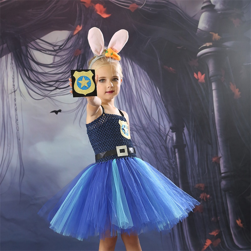 Halloween Bunny Police Costume Crazy Animal Cosplay Tutu Dress Girls Judy Policewoman Party Dresses Kids Purim Fancy Dress Up