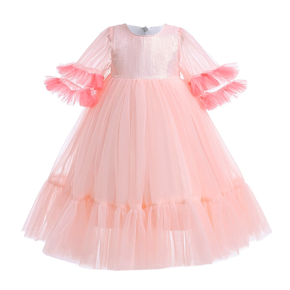 Sequins Pink Formal Bridesmaid Dresses For Girl Children Costume Half Sleeve Tulle Wedding Prom Gown Girls Princess Party Dress
