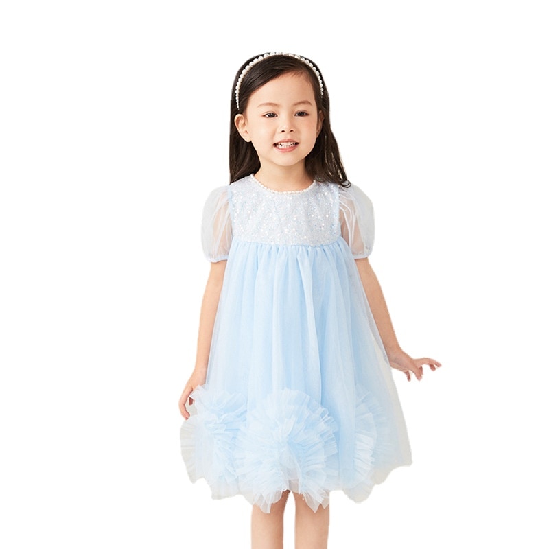 Girls Sequin Fluffy Gauze Dress 2023 New Summer Bubble Sleeve Princess Mesh Dress Baby Birthday Party Fairy Dress
