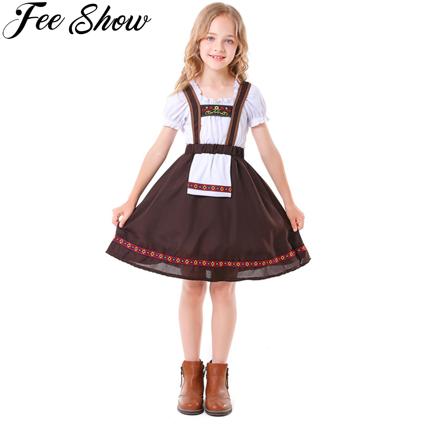 Kids Girls Beer Festival Cosplay Costumes Halloween Holiday Carnival Party Dress Up Short Sleeve Tops and Suspenders Dress