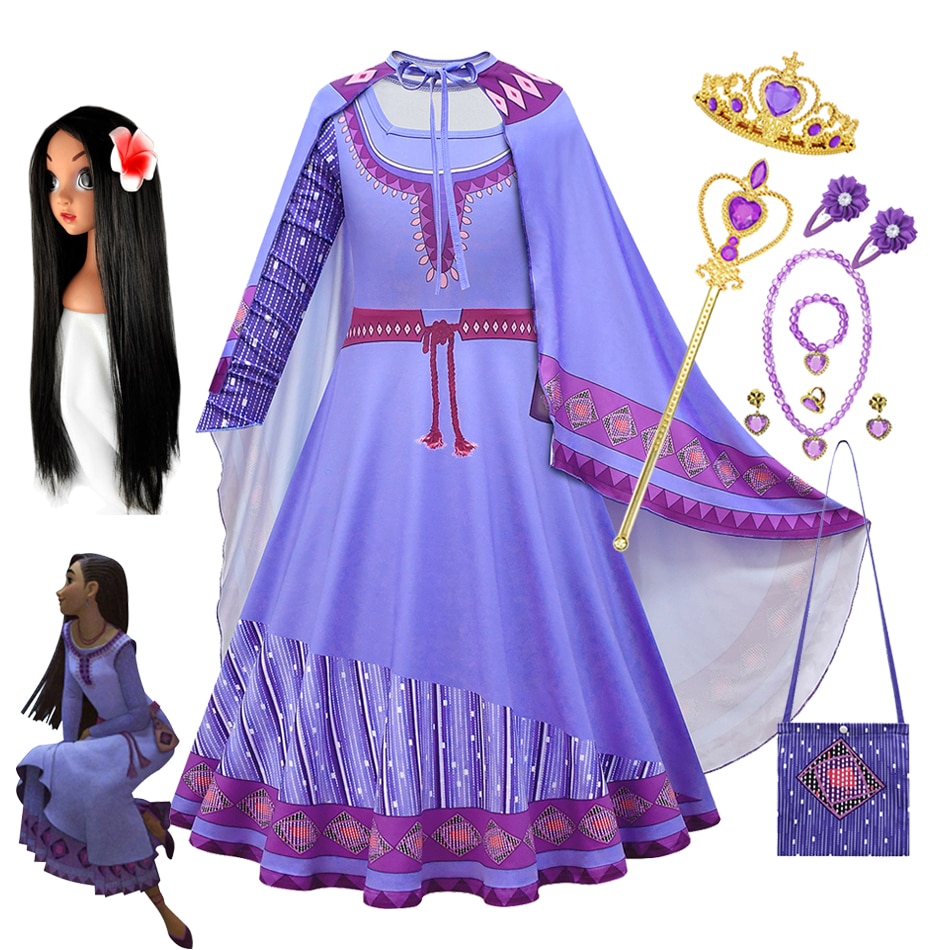 Disney Girls Cosplay Cartoon Wish Asha Princess Dress Halloween Cosplay Kids Long Dress Cloak Match Clothing Sets