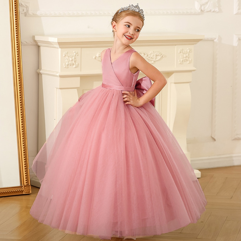 Elegant Bow Party Girls Dress Fluffy White Wedding Princess Prom Kids Dresses for Girl Bridesmaids Birthday First Communiom Gown