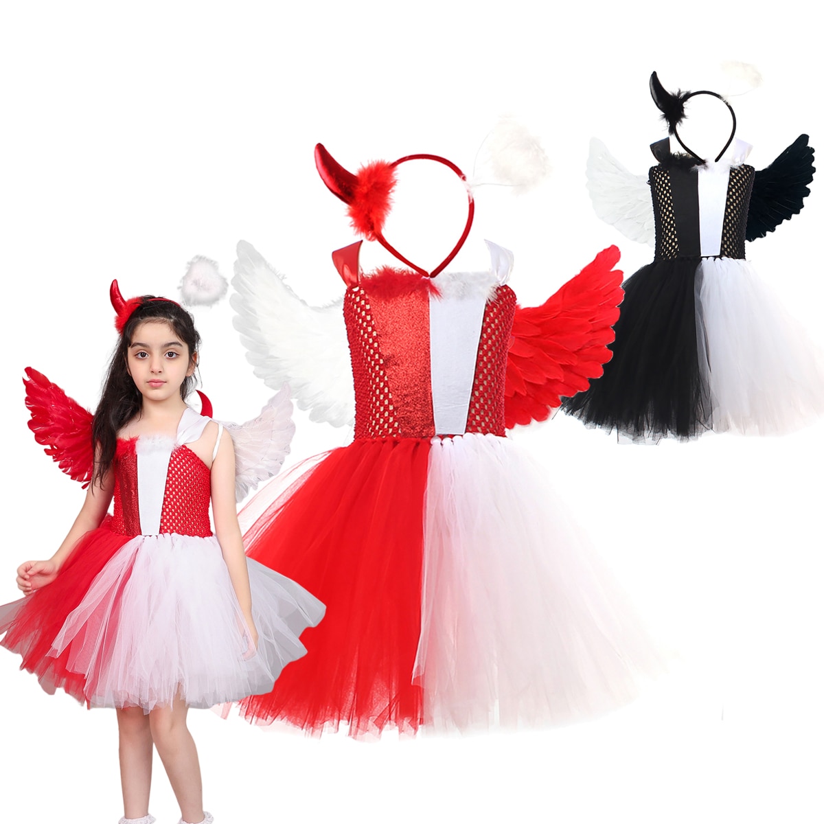 Red White Black Angels Demons Costume for Girls Kids Halloween Tutu Dress with Wings Evil Devil Cosplay Outfits Children Clothes