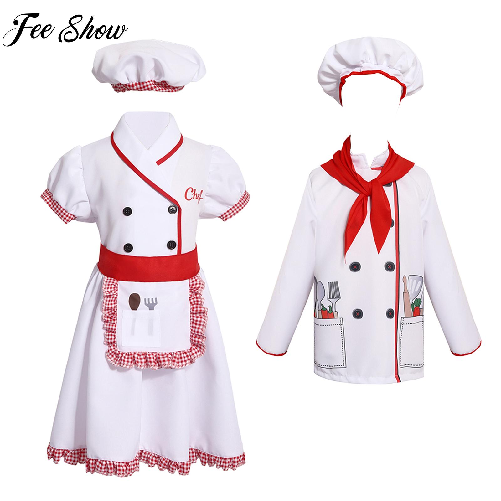 Kids Girls and Boys Chef Costume Chef Hat Chef Top Dress Apron Scarf Set Uniform Outfit Play House Performance Cosplay Costume