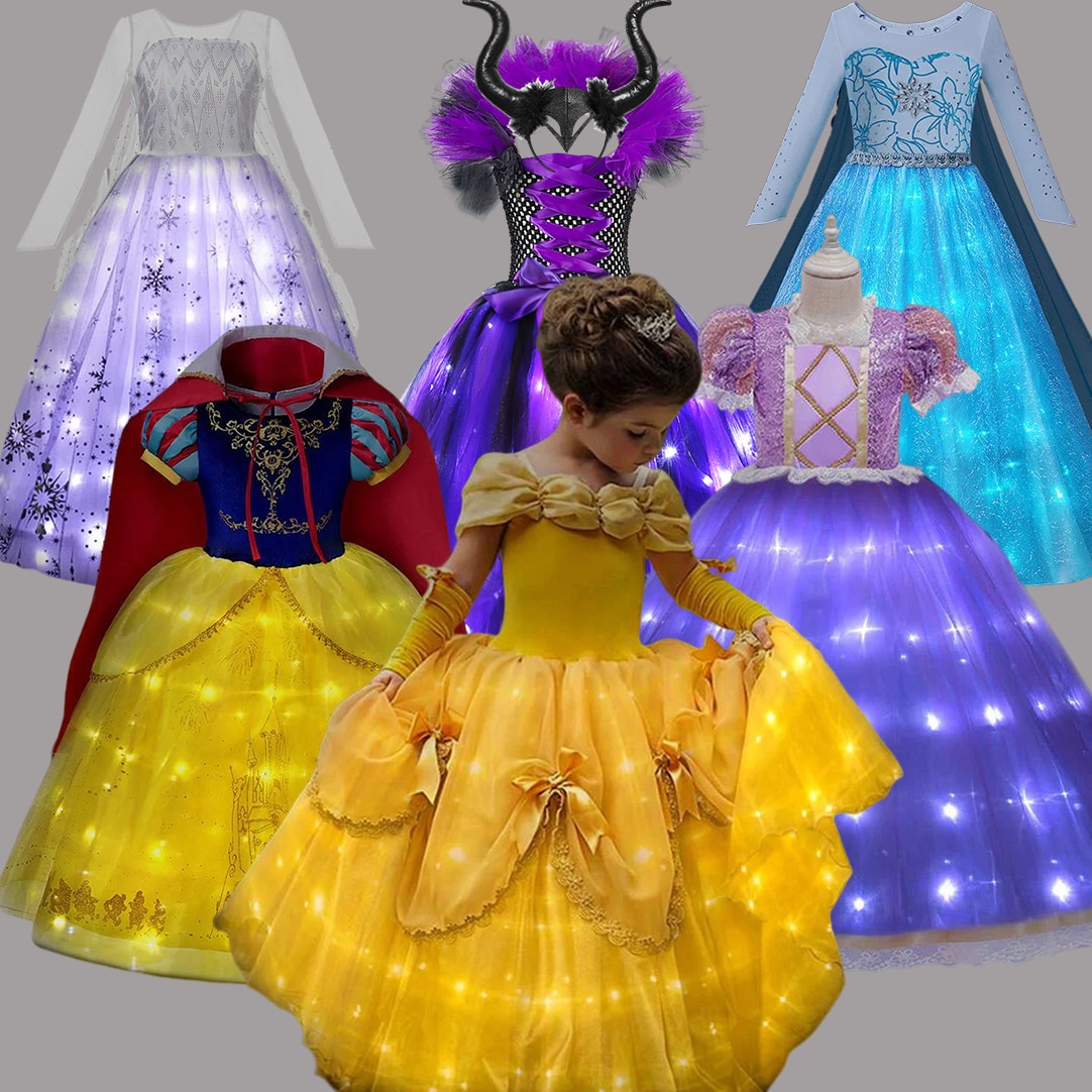 Girls Fancy Disney Frozen Costume Princess Elsa Dress Light up Belle Rapunzel Ball Gown Kids Illuminated Halloween Xmas Clothing