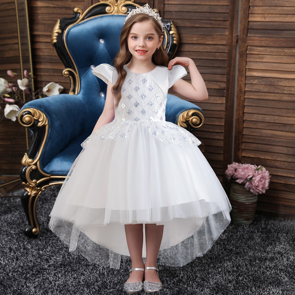 Luxury Shiny Princess Ball Gown For Girls White Pattern Flower Girl Wedding Dress Long Tail Pink Birthday Dresses For 6 Years