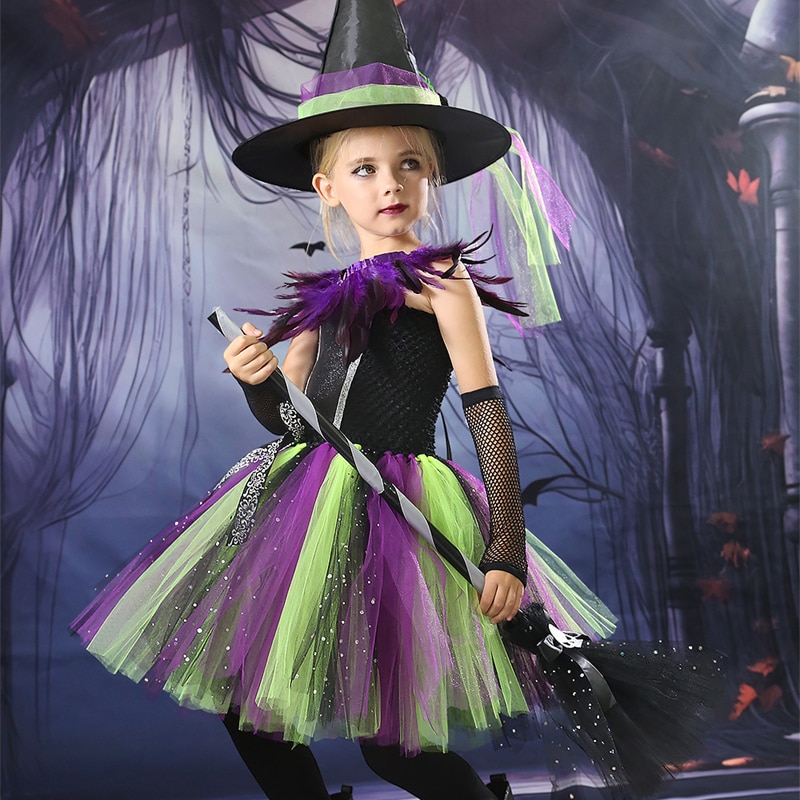 Spooky Witch Costume Tutu Dress For Girls Carnival Halloween Costumes Witch Kids Cosplay Party Fancy Dress Up Princess Dresses