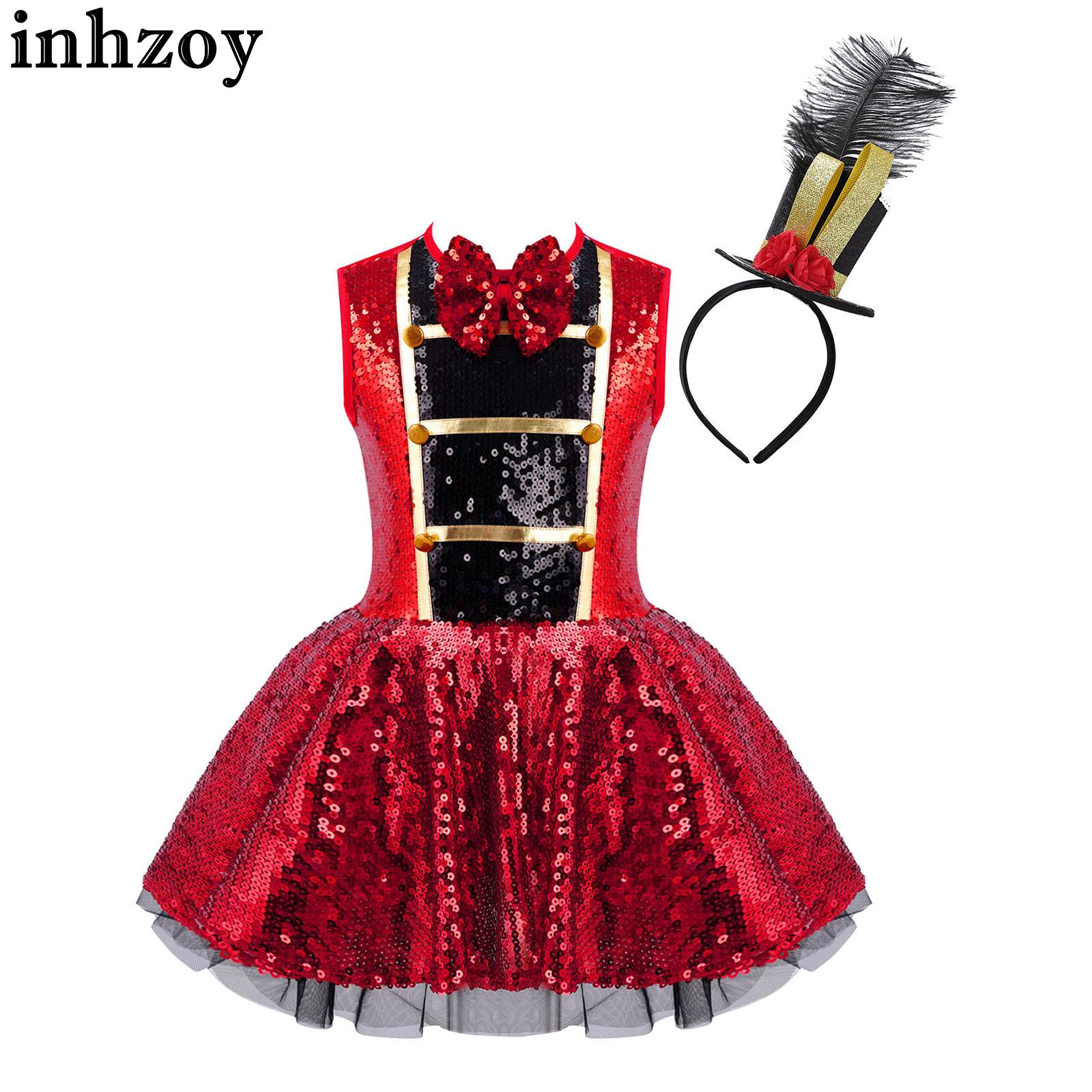 Kids Girls Circus Ringmaster Costume Halloween Carnival Outfit Sleeveless Shiny Sequins Tutu Dress with Feather Mini Top Hat Set