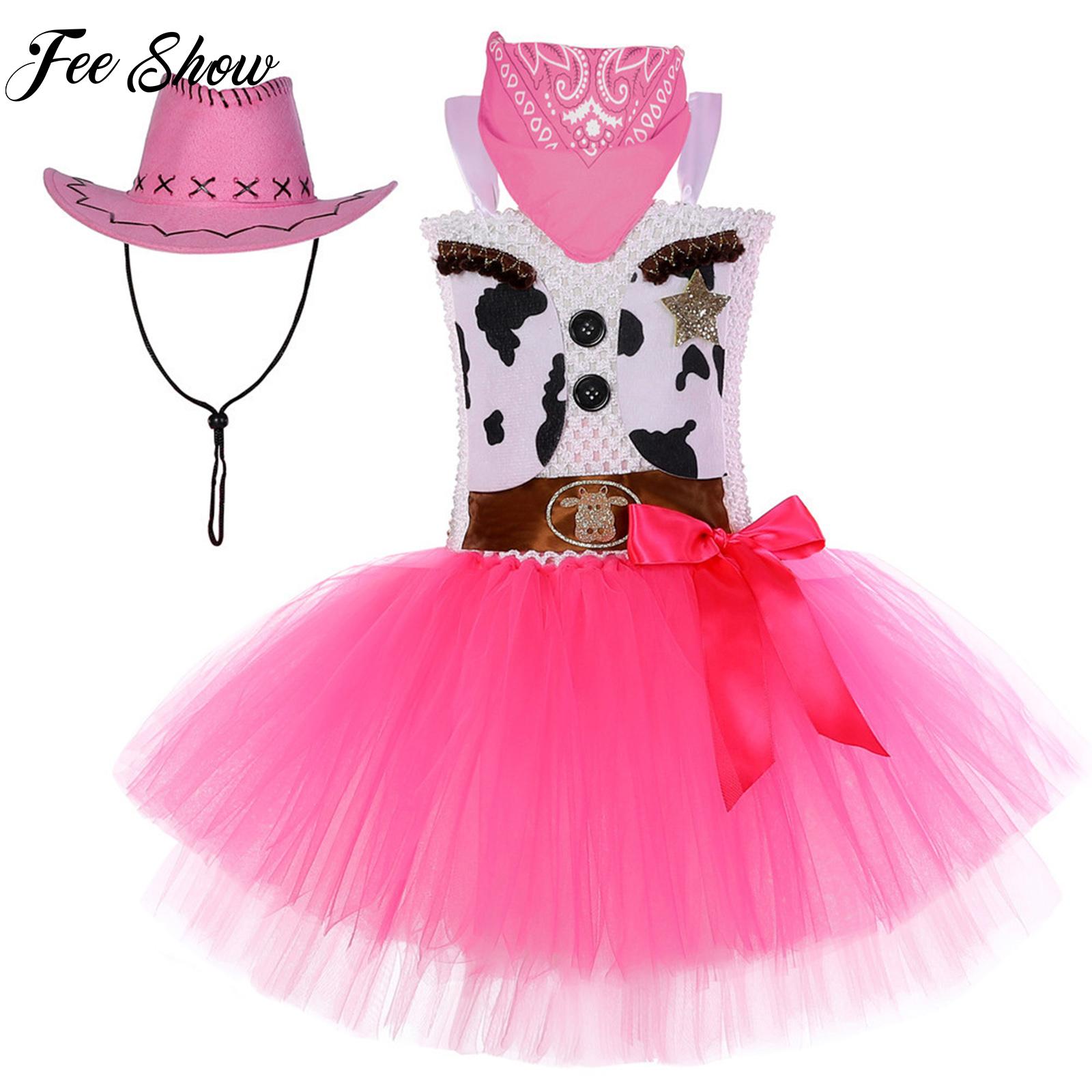 3Pcs Kids Girls Halloween Cowgirl Costume Sleeveless Cow Print Tutu Cami Dress with Hat Set Dress Up Performance Outfit