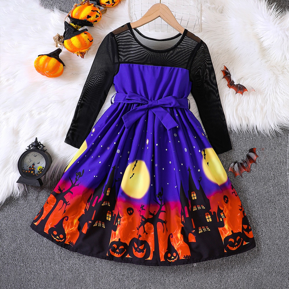 Girls Spring and Autumn Halloween Perspective Mesh Dress