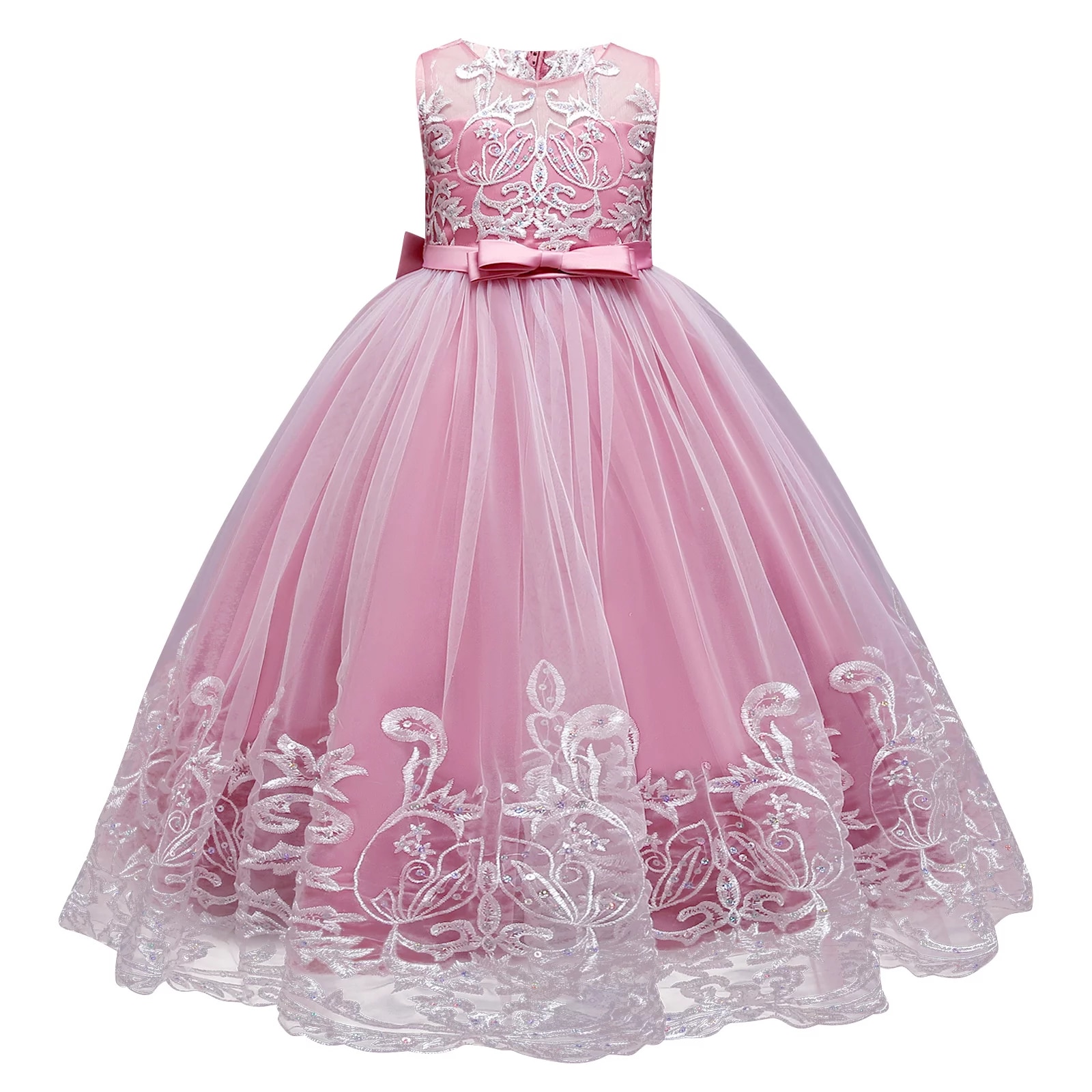 Girls' Flower Wedding Lace Princess Pageant Party Formal Long Gown with Tulle Bow for Kids Wedding Bridesmaid