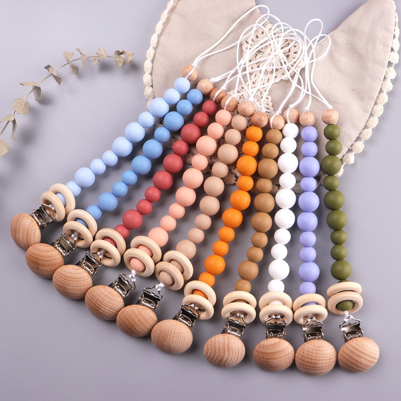 Baby Beech Wood Pacifier Clip Silicone Bead Teething Pacifier Chain Infant Dummy Holder Teether Anti Drop Chain Gifts