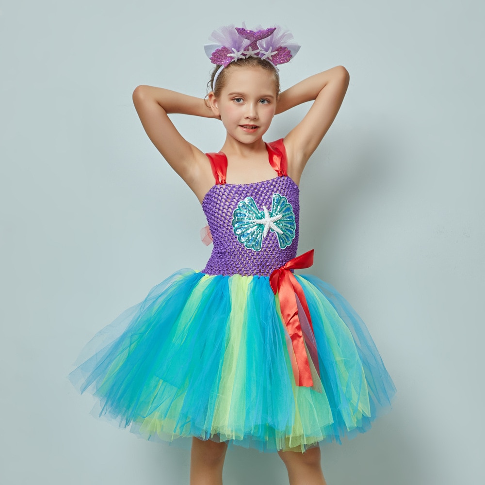 Girls Mermaid Tutu Dress Princess Birthday Party Dresses for Girls Starfish Halloween Cosplay Kids Costume Fantasy Gown Vestidos