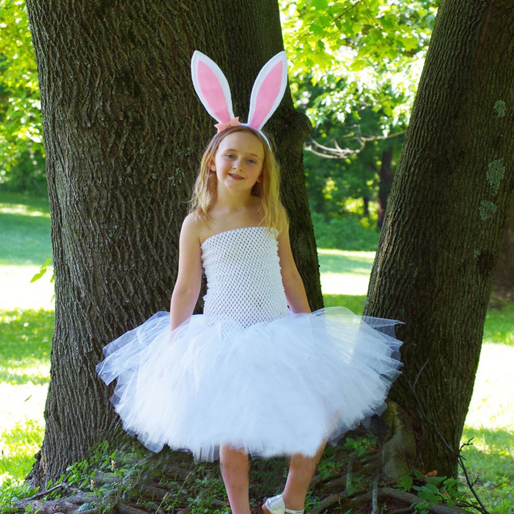 White Angel Fluffy Tutu Dress Girls Birthday Party Dresses Easter Holiday Halloween Costume Animal Clothes with Tail Bow Set