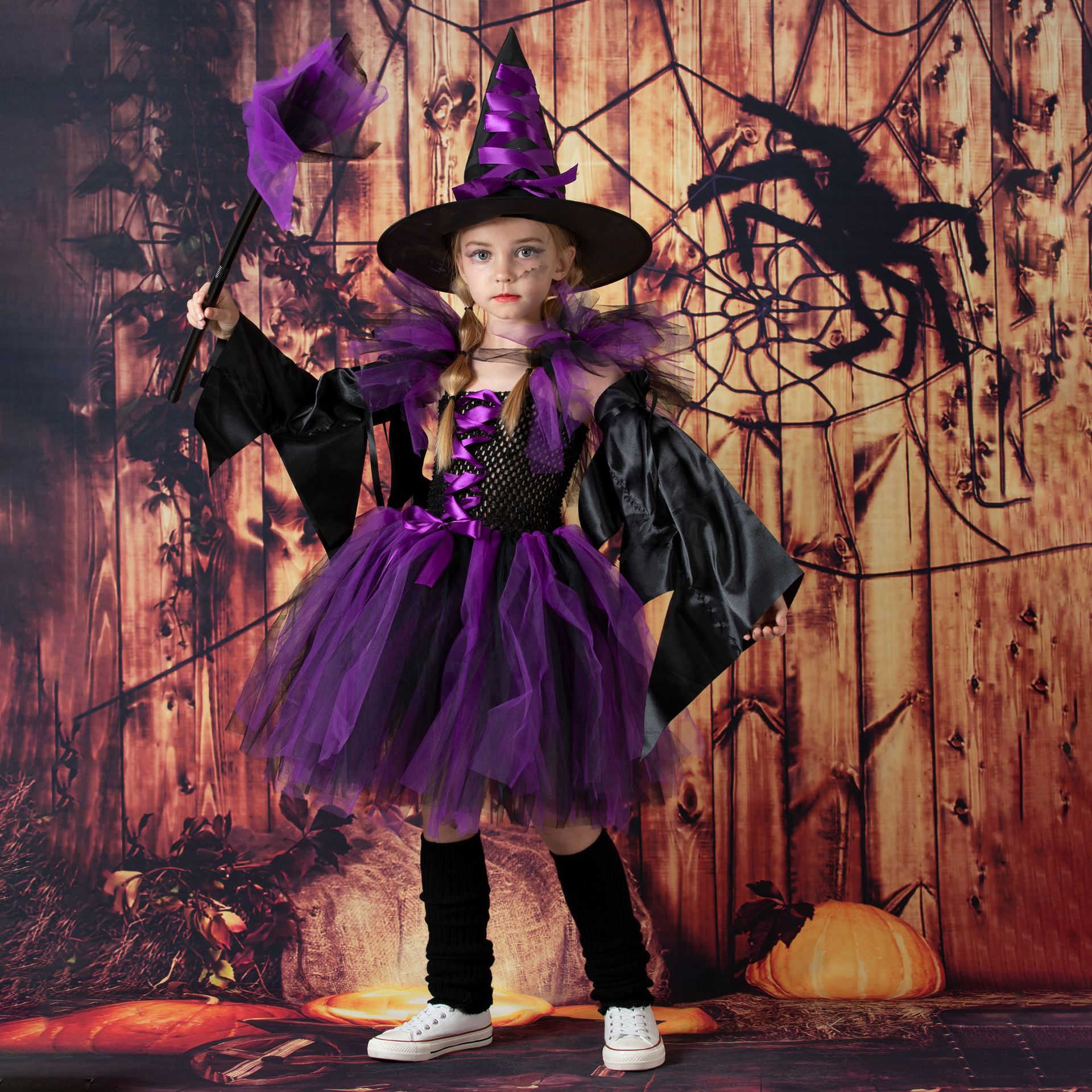 Halloween Disguise Witch Costume for Girls Tutu Knee Dress with Hat Broom Pantyhose Kids Carnival Cosplay Party Outfit Set