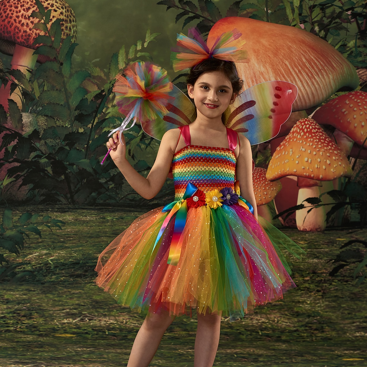 Girls Fairy Costume Set with Butterfly Wings Wand Headband Glittery Spring Rainbow Fairy Princess Tutu Dress for Birthday Party