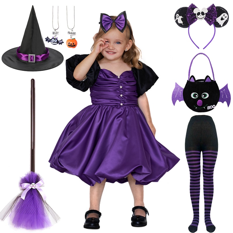 3-10Y Girl Halloween Cosplay Puff Sleeve Pleated Witch Princess Dress Child Carnival Vampire Masquerade Party Pageant Costume