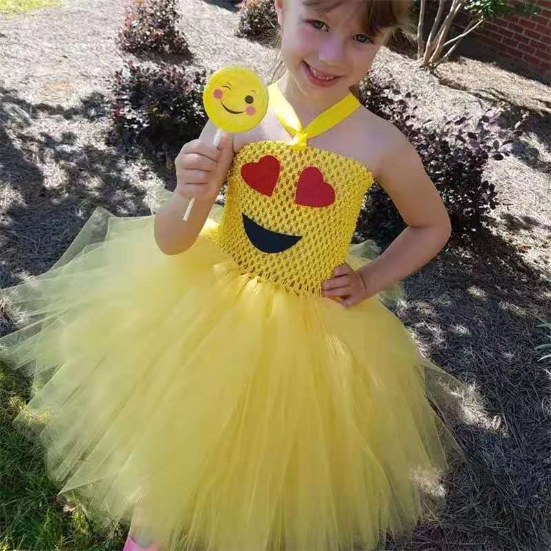 Cute Girls Yellow Smile Tutu Dress Kids Crochet Tulle Strap Dresses Ball Gown Children Birthday Party Cartoon Costume Dress