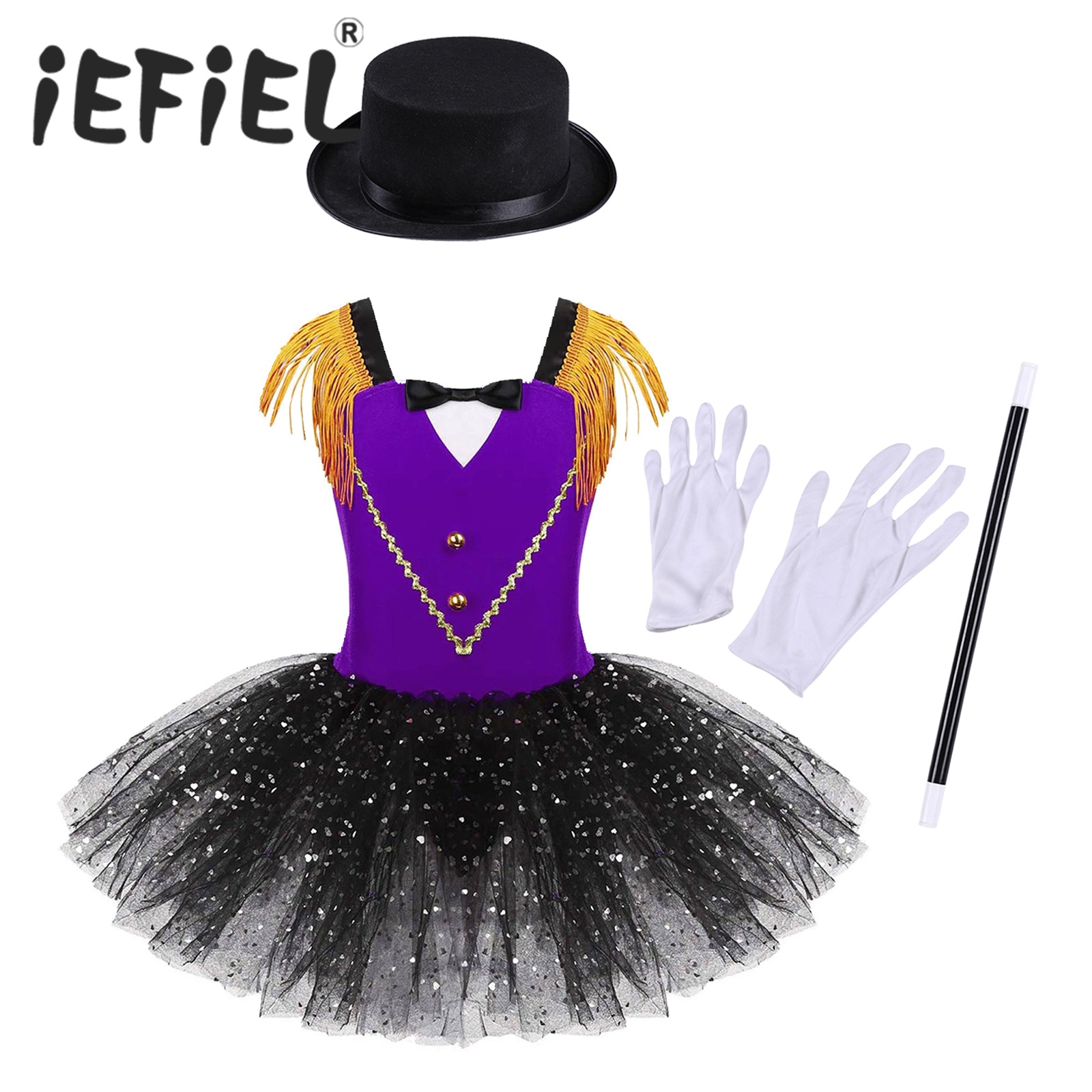 Children's Girl's Circus Ringmaster Costume Halloween Tassel Dress with Hat Magic Wand Gloves Cosplay Party Roleplay P