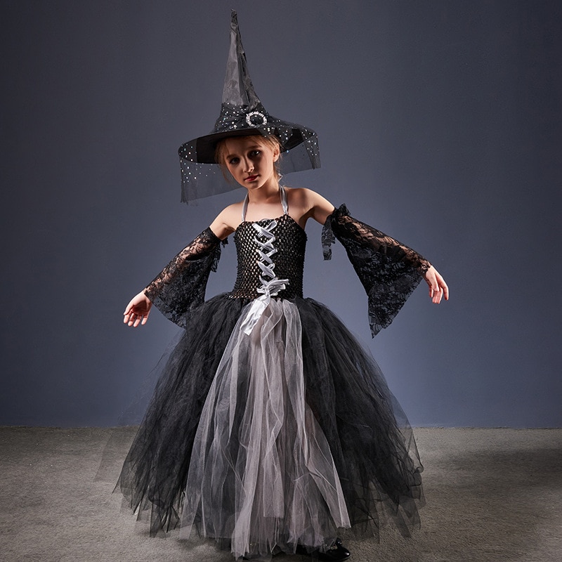 2023 Disguise Witch Costumes for Girls Halloween Tutu Dress With Hat Broom Overalls Kids Carnival Cosplay Suits Party Outfits