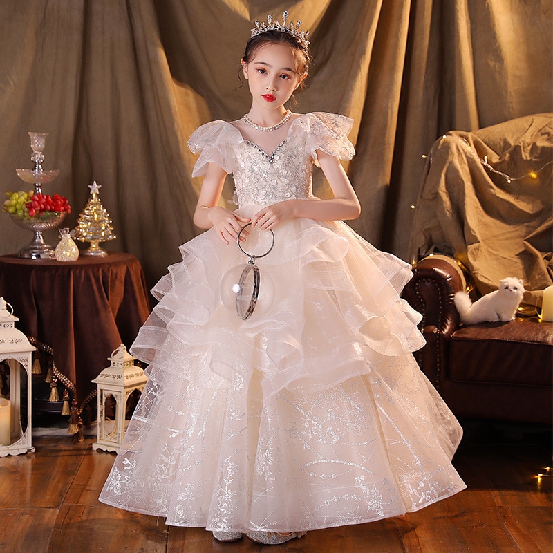 Flower Girl Long Dress Vintage Children Sequins Dresses For Wedding Party Formal Ball Gown Kids Evening Bridesmade Prom Dress