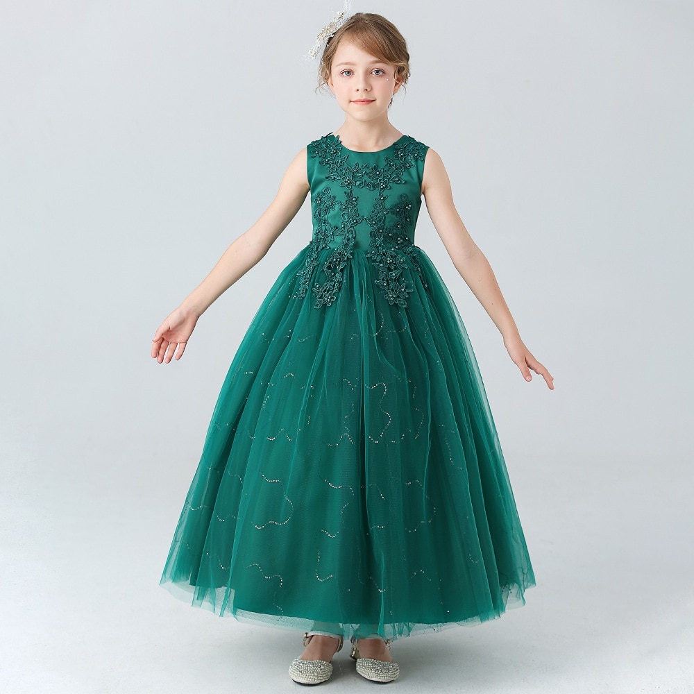Girls' New Dress Long Princess Green Summer Fashion Stock Children's Dress Tank Top Dress Birthday Party Wedding Dress