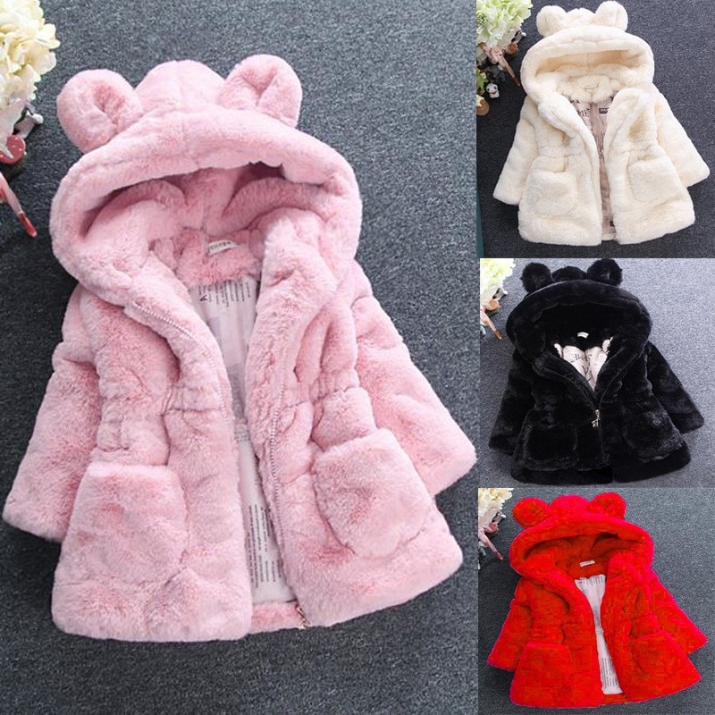 Imitation Fur Jacket Winter Children Outerwear Cute Ears Hooded Plush Coat Thickened Cartoon Girls Clothes For 2-8 Years Old New