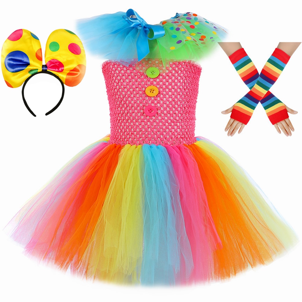 Rainbow Clown Tutu Dress Girls Holiday Party Performance Clothes Set Funny Joker Circus Clown Cosplay Halloween Costume for Kids