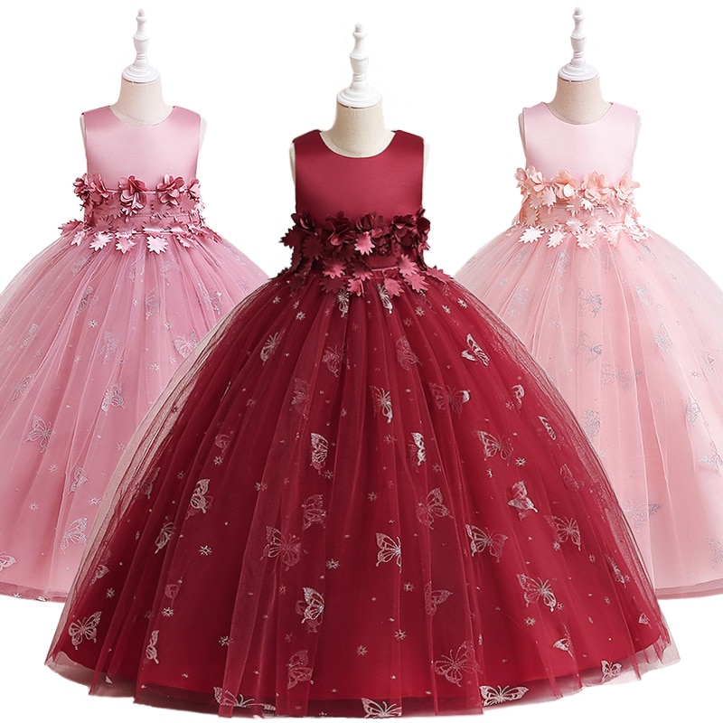Floral Girl Butterfly Print Fluffy Tulle Long Formal Occasion Dress Children's Pageant Wedding Bridesmaid Communion Elegant