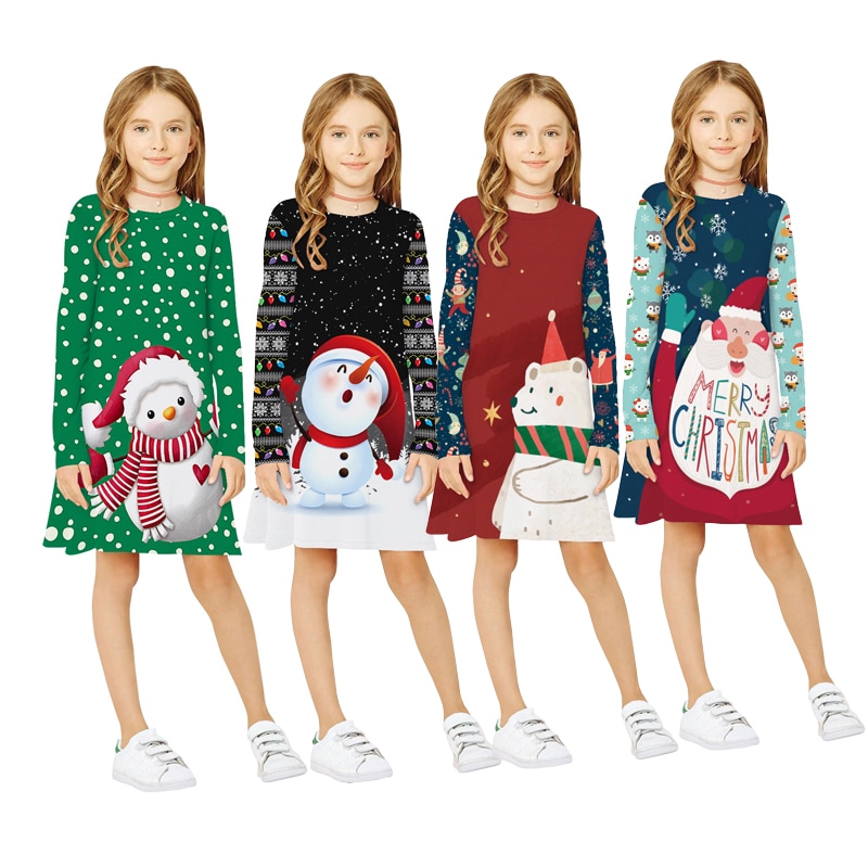 Children Xmas Princess Dresses 2023 New Year Christmas Clothes Girls Cute Snowman Print Long Sleeve Cartoon Big Kids Dress 7-12Y