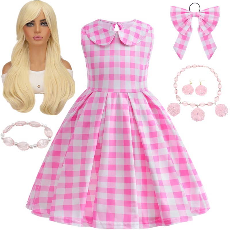 2023 New Movie Barbi Kids Girls Costume Cosplay Clothes Children Pink Plaid Print Halloween Carnival Party With Hat For 3-10 Yrs