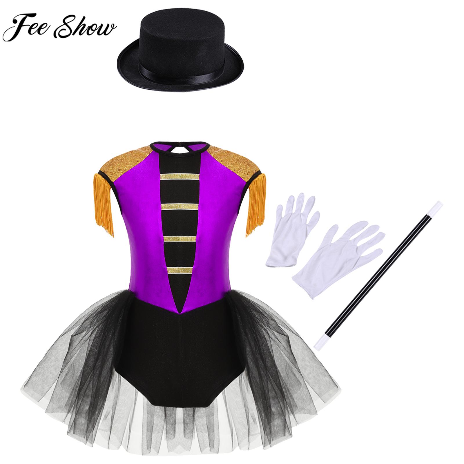 Teen Girls Halloween Circus Ringmaster Magican Cosplay Performance Dress with Hat Magic Wand Gloves Carnival Theme Party Costume