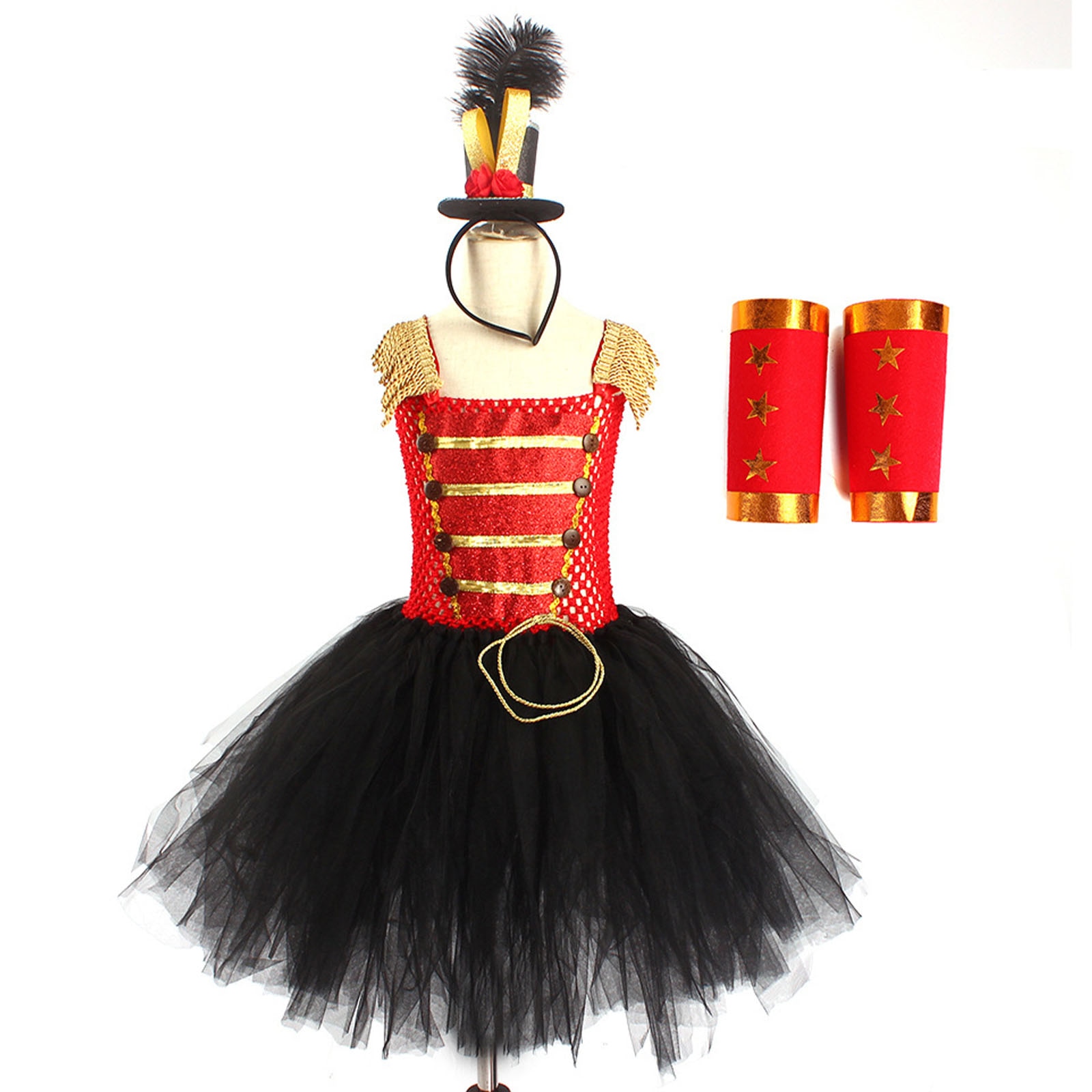 Kids Girls Circus Leotard Dress Halloween Circus Ringmaster Cosplay Costume Cutout Bodice Tutu Dress with Armbands Headwear Suit
