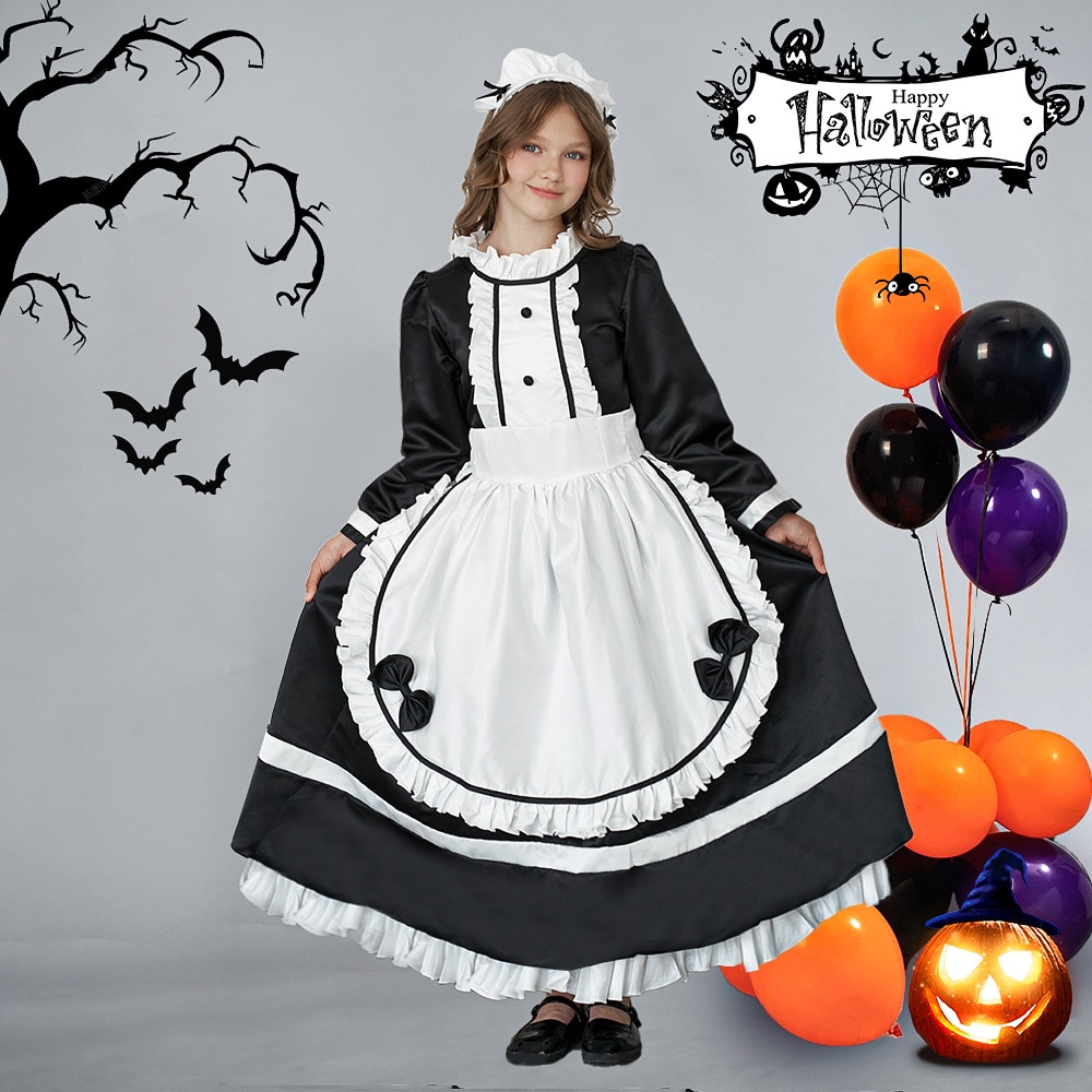 Black Lolita Dress For Girls Maid Cosplay Costume Performance Show Long Sleeve Children Outfit Carnival Halloween Party Vestidos