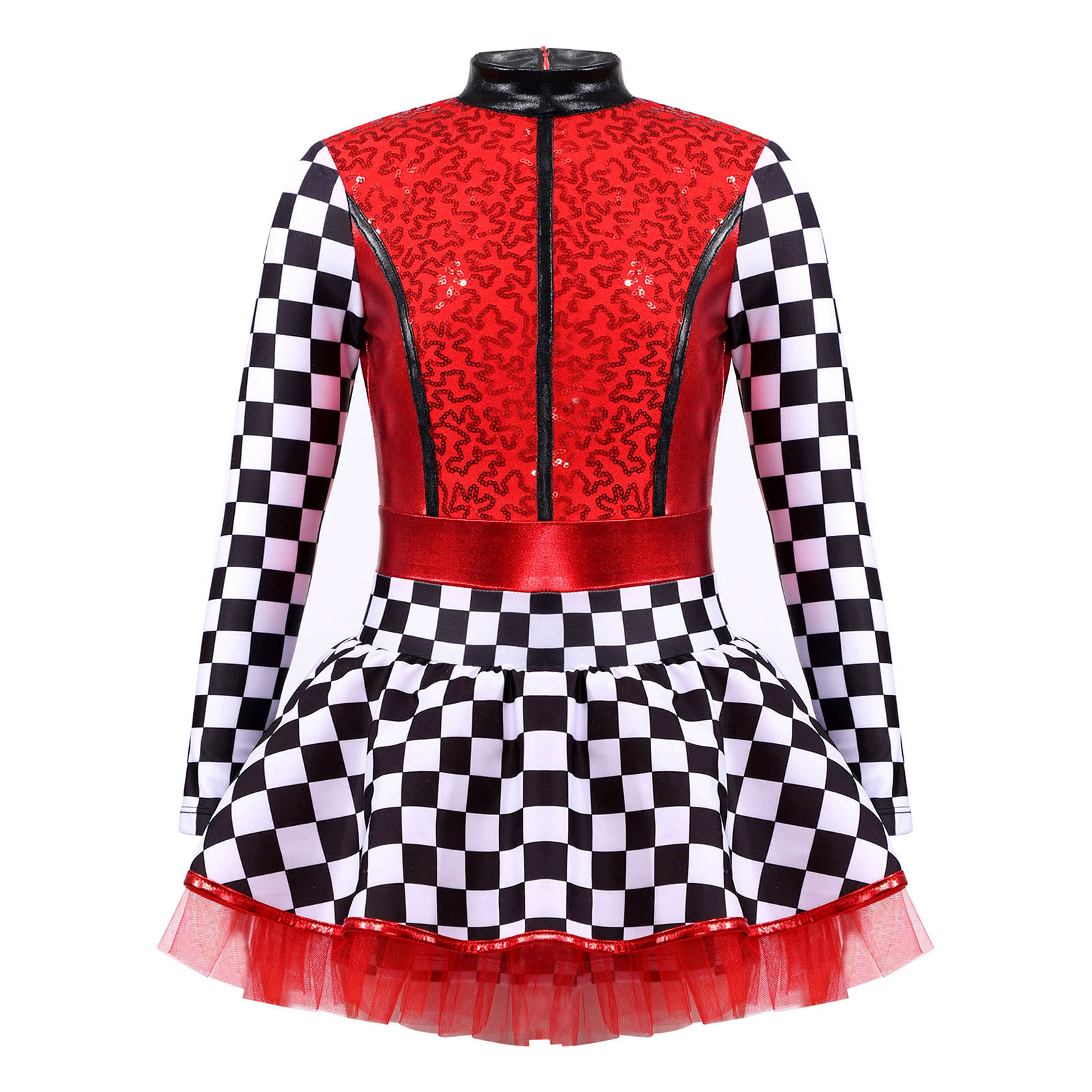 Kids Girls Racer Racing Driver Costume Checkerboard Long Sleeve Sequin Patchwork Jumpsuit for Halloween Cosplay Party Dress Up