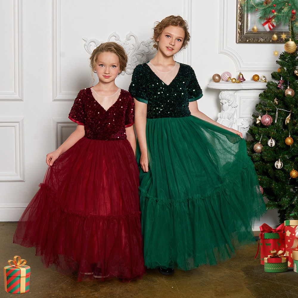 Sequin Girls Christmas Dress Children Costume Pageant Formal Wedding Evening Dresses For Girl Princess Birthday Party Prom Gown