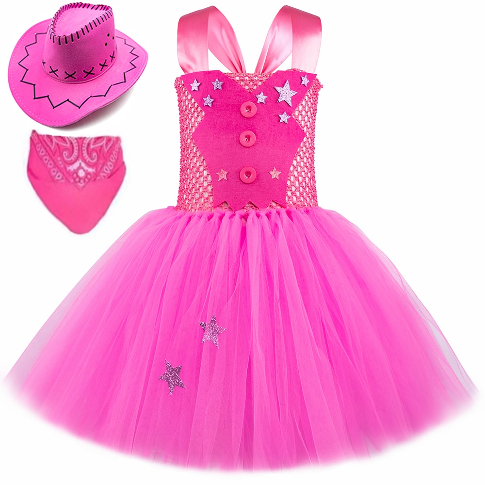Movie Barbi Cowgirl Costume for Girls Birthday Party Clothes Pink Margot Robbie Barbi Tutu Princess Dress Kids Halloween Outfit