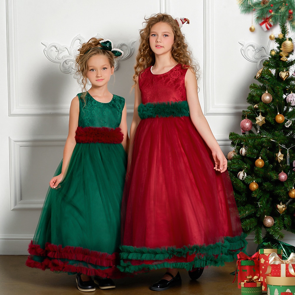 Girls Green Red Christmas Party Dress Puffy Tulle Pageant Bridemaid Dresses For Girl Wedding Prom Gown Formal Evening Vestidos