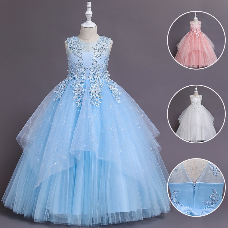 New Fashion Summer Flower Children's Lace Dress in Stock Girls' Long Princess Wedding Party Wedding Mesh Dress Middle 