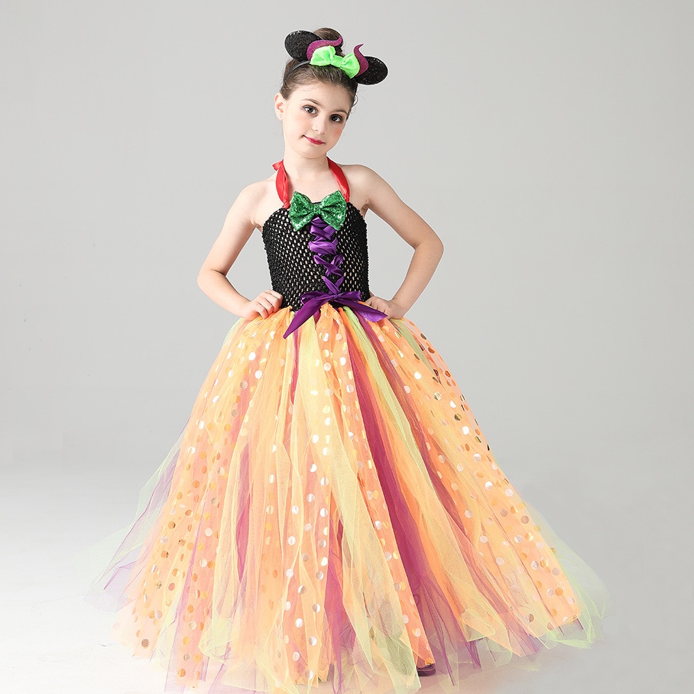 2023 Halloween Cosplay Festival Party Girls Dress Patchwork Mesh Polka Dot Pumpkin Tutu Mesh Children Kids Long Dresses Vestidos