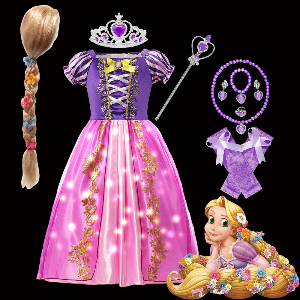 Disney Rapunzel Princess Cosplay Dress Girls Halloween Kids Birthday Christmas Gifts Classic Rapunzel Dress with Lights Vestido
