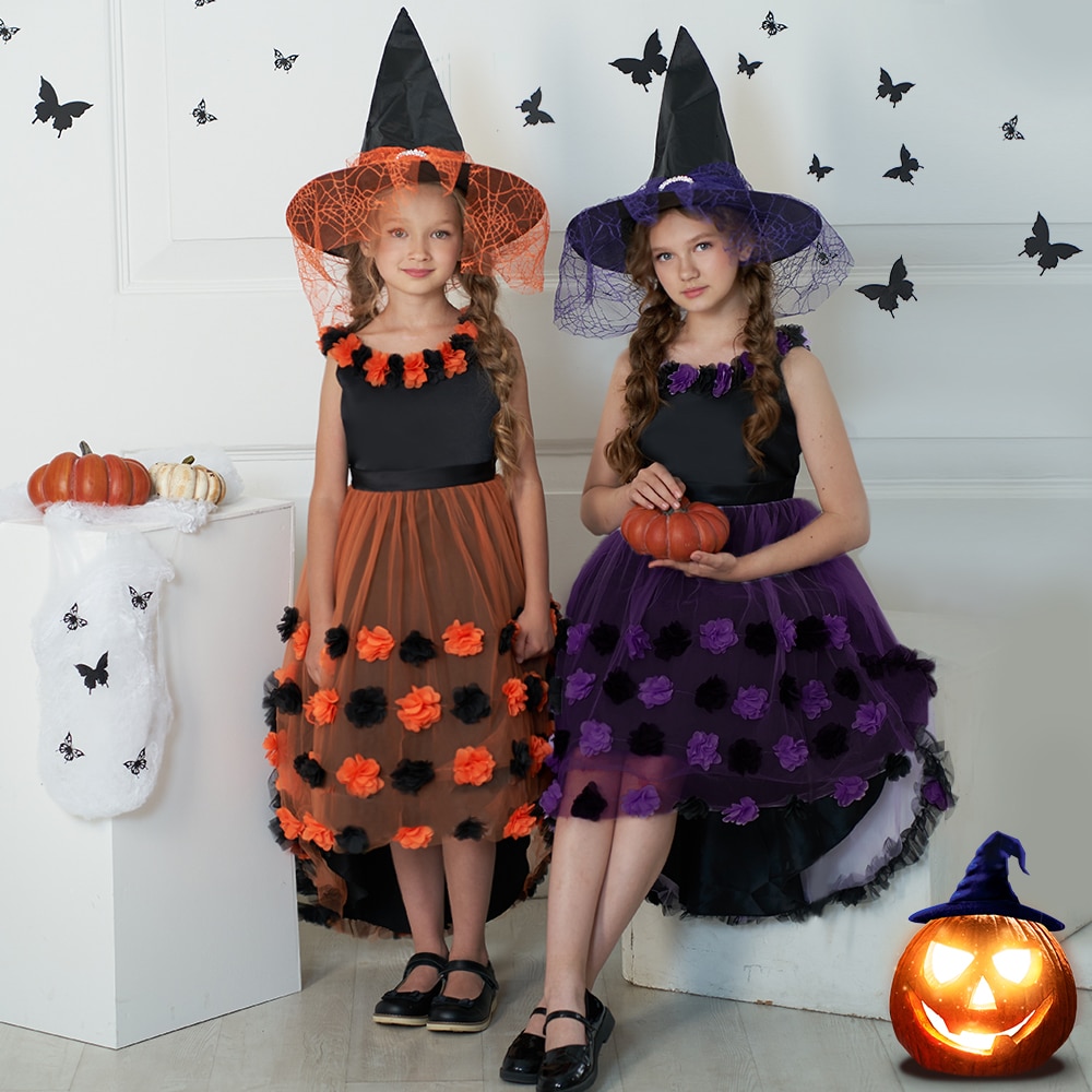 Fancy Magic Witch Halloween Costume for Kids Bat Ghost Gothic Black Dress for Girl Carnival Party Halloween Girls Princess Dress