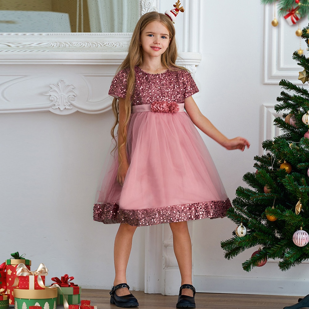 Elegant Bow Sequins Girls Party Dress Birthday Wedding Flower Bridemaids Princess Kids Dresses for Girl Pink Christmas Prom Gown