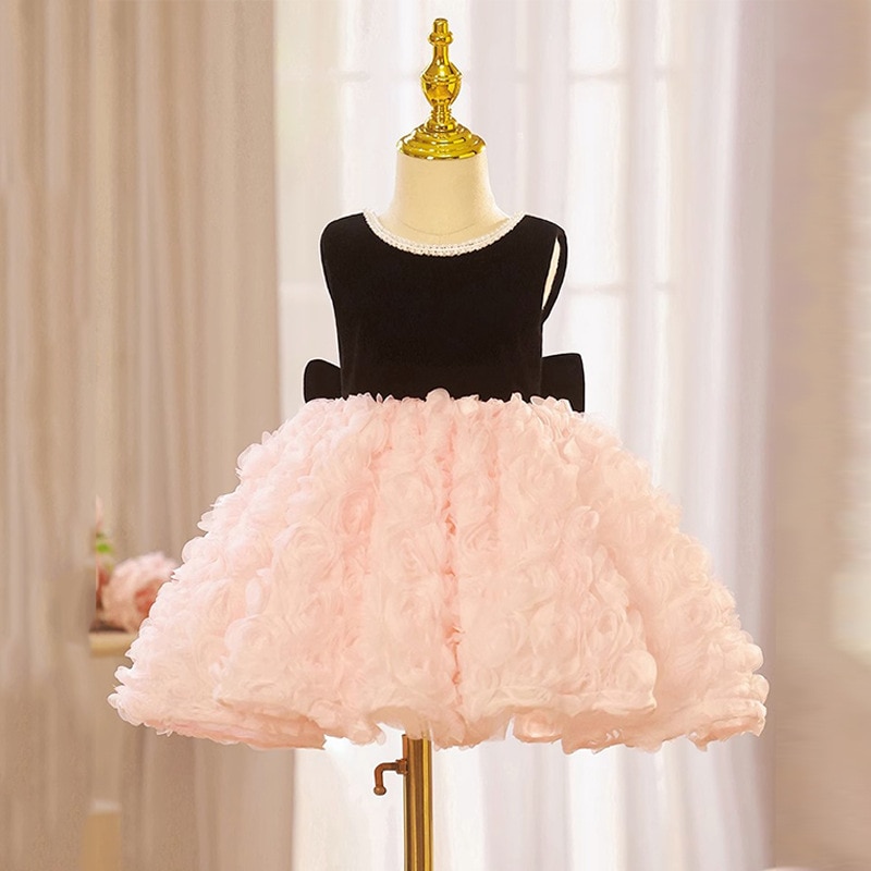Flower Girl Black Pink Dresses for Christening Birthday Party Short Evening Gowns Child Cute Princess Pageant Luxury Tulle Dress