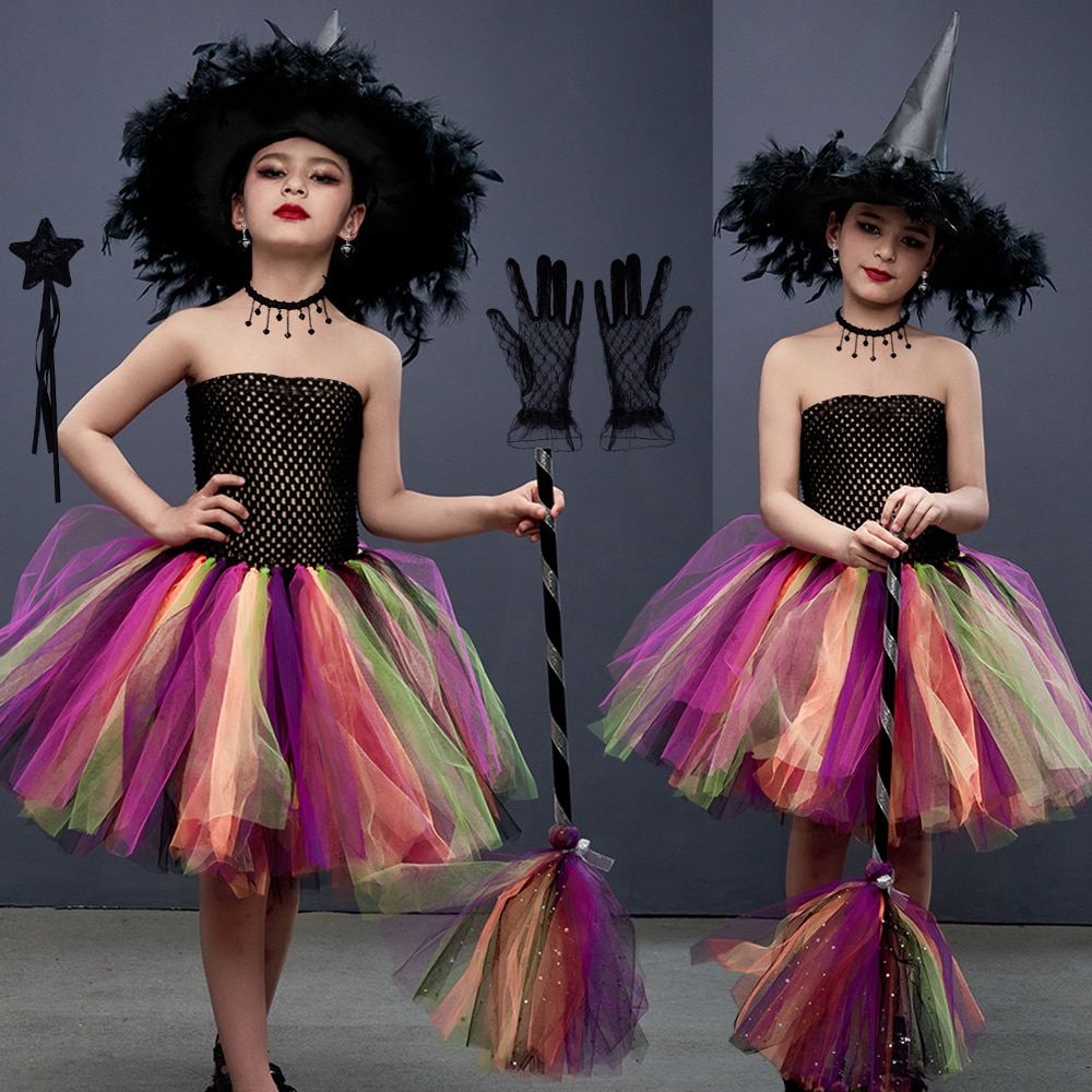 Halloween Girl's Costume Witch Cosplay Dress With Hat Disguise Tutu Knee Length Puffy Dress Fancy Carnival Dress Up Party O